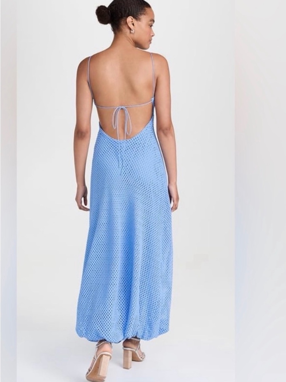Faithfull the Brand Sky Blue Open-Back Crochet Maxi Dress